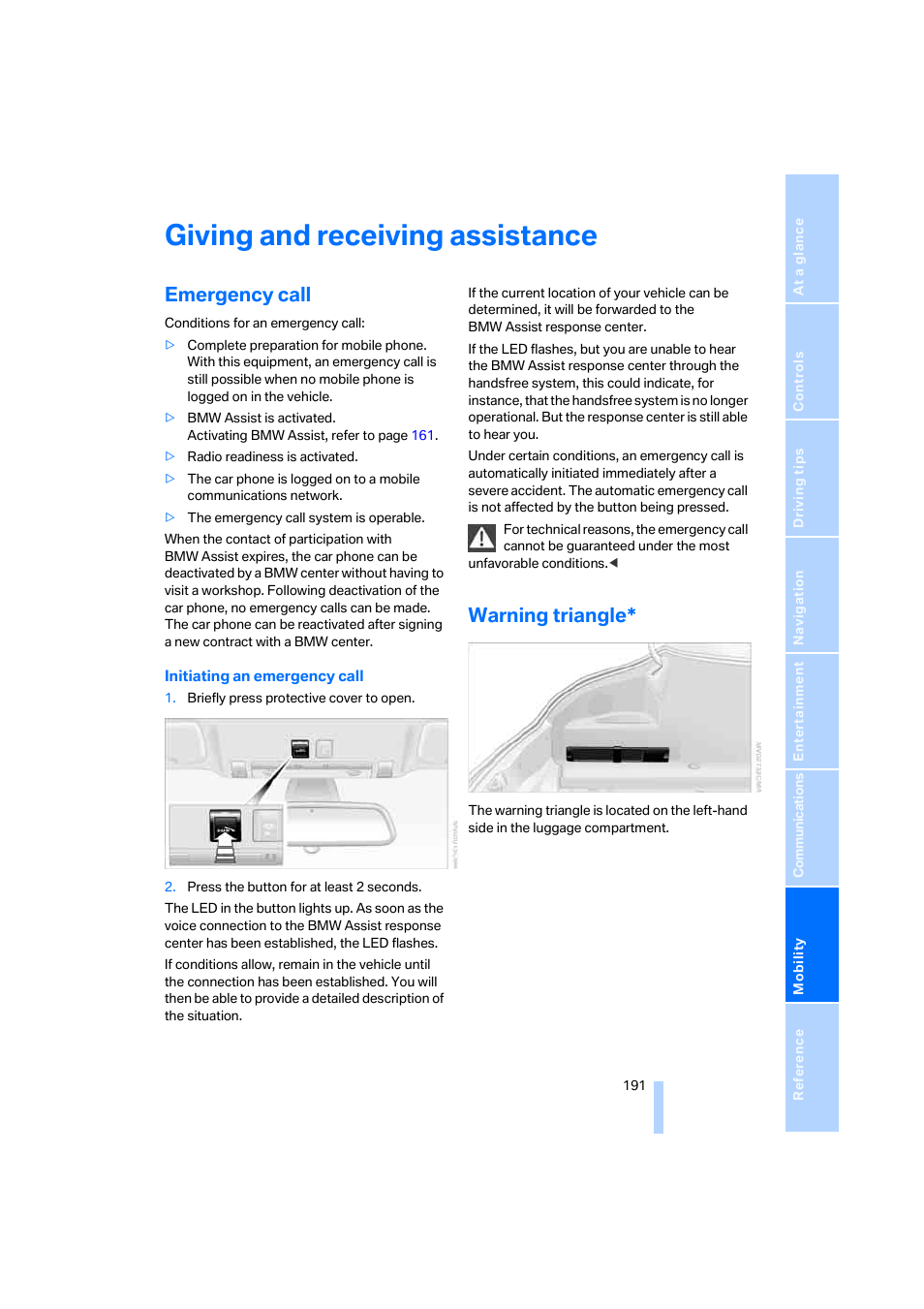 Giving and receiving assistance, Emergency call, Warning triangle | BMW M6 Coupe 2006 User Manual | Page 193 / 227