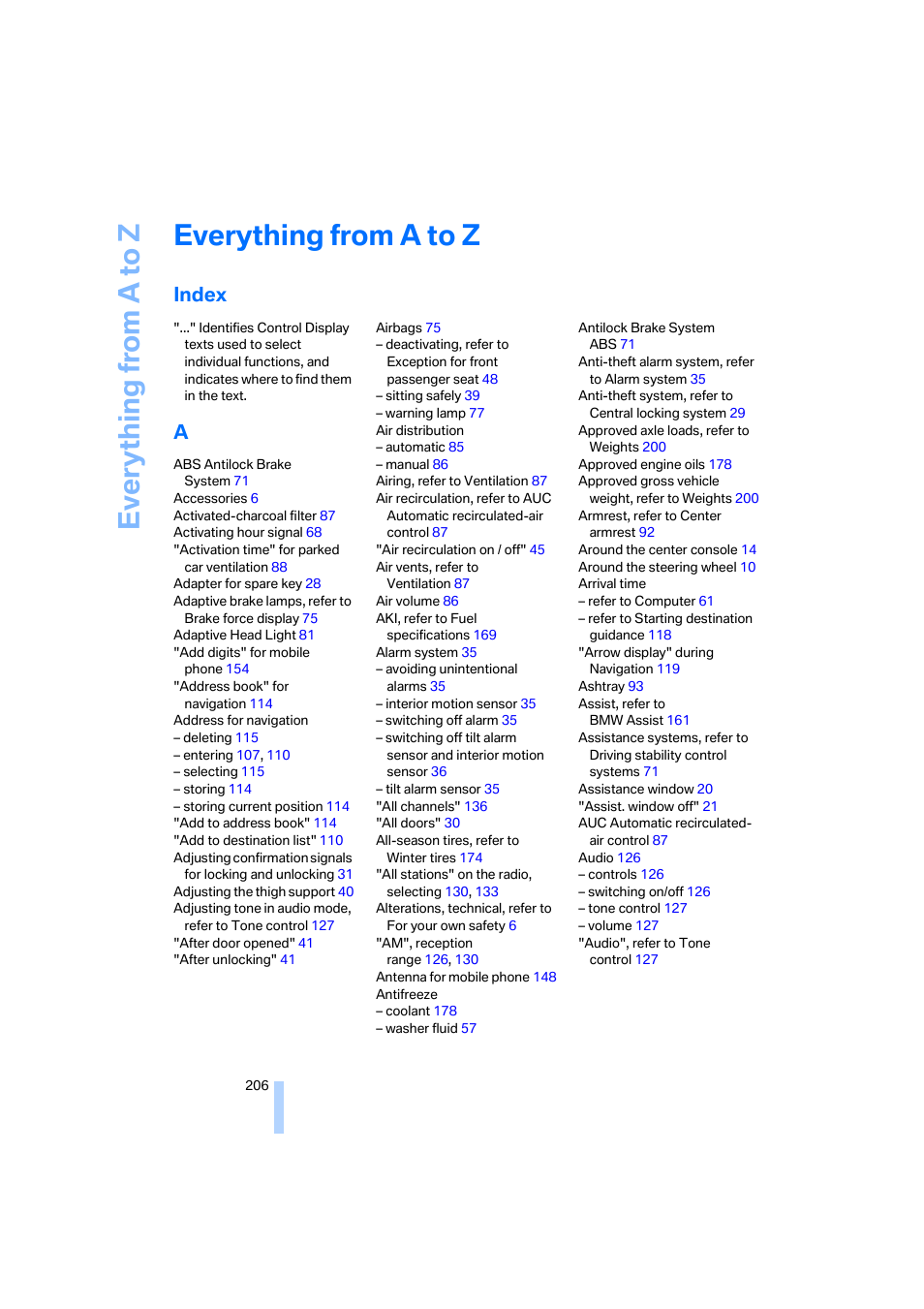 Everything from a to z, Index | BMW M6 Coupe 2006 User Manual | Page 208 / 227