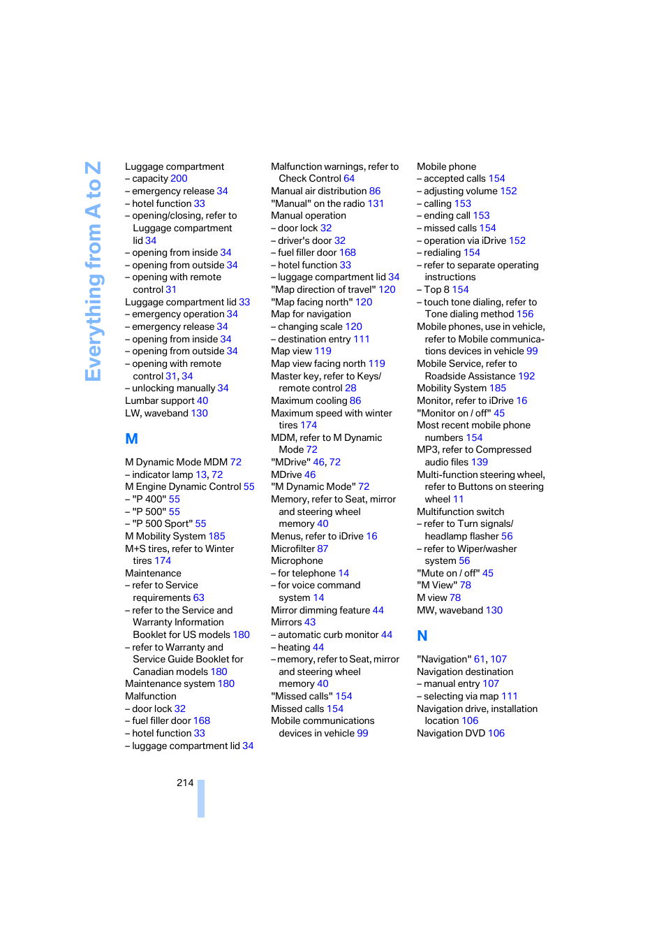 Everything from a to z | BMW M6 Coupe 2006 User Manual | Page 216 / 227