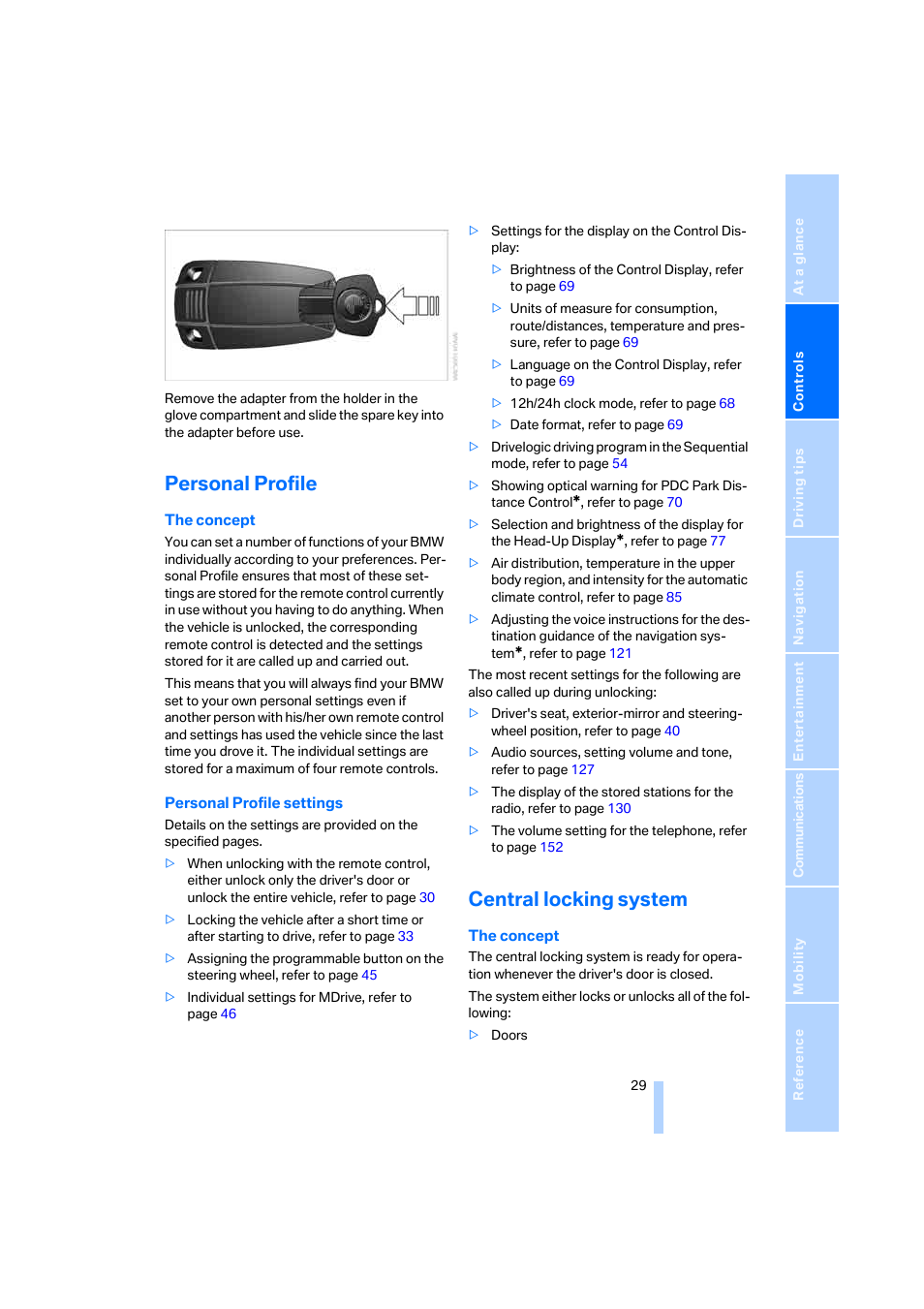 Personal profile, Central locking system | BMW M6 Coupe 2006 User Manual | Page 31 / 227