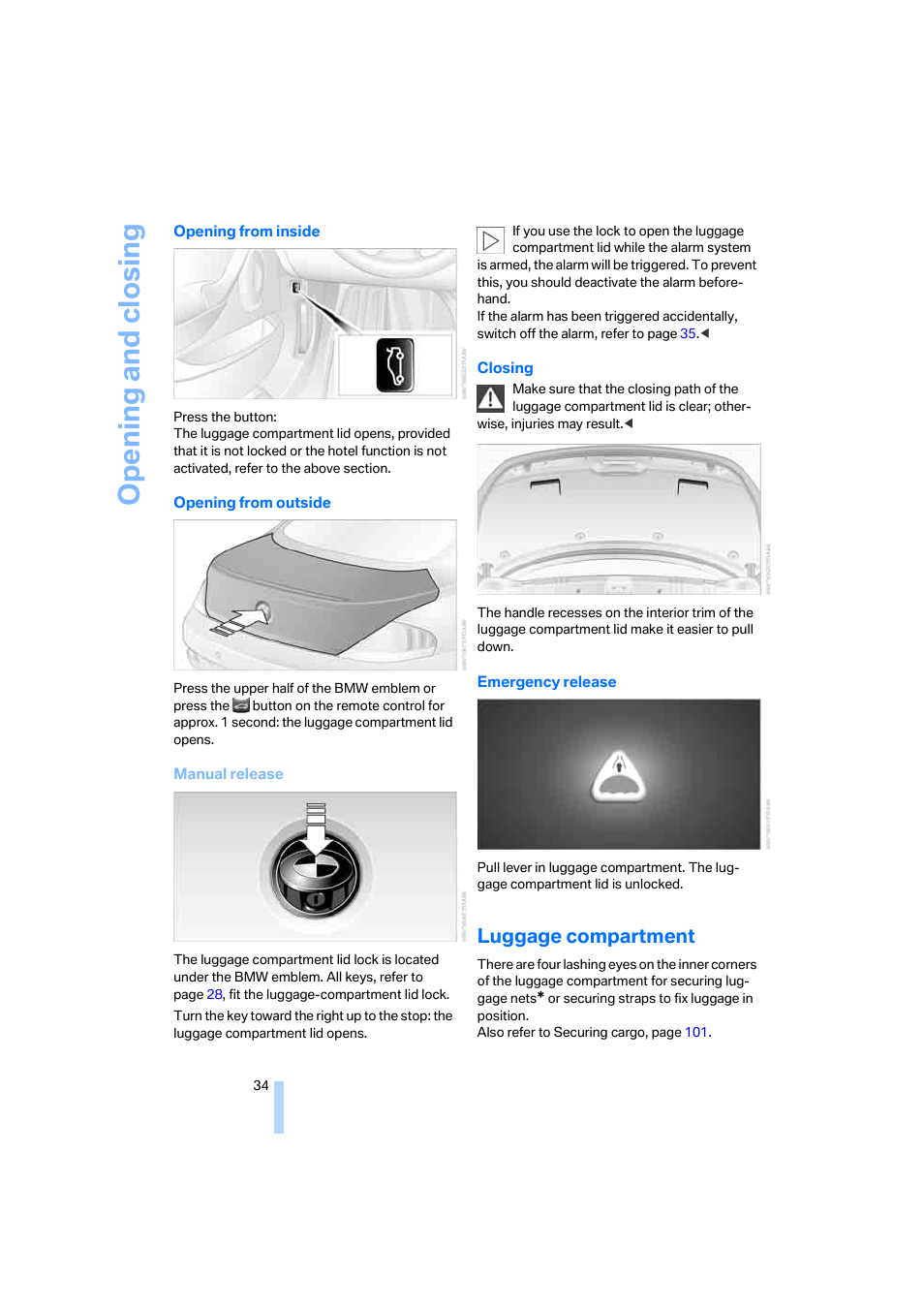 Luggage compartment, Opening and closing | BMW M6 Coupe 2006 User Manual | Page 36 / 227