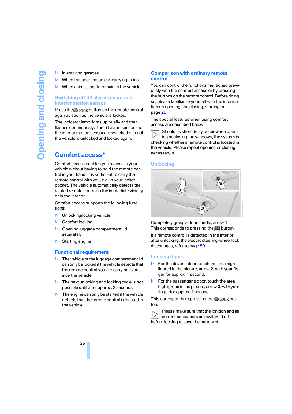 Comfort access, Opening and closing | BMW M6 Coupe 2006 User Manual | Page 38 / 227