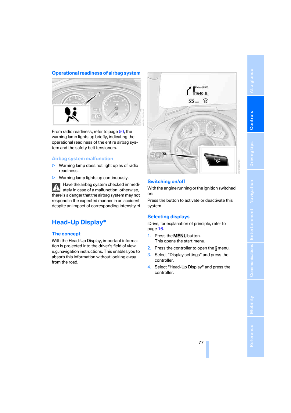 Head-up display, Selecting displays | BMW M6 Coupe 2006 User Manual | Page 79 / 227