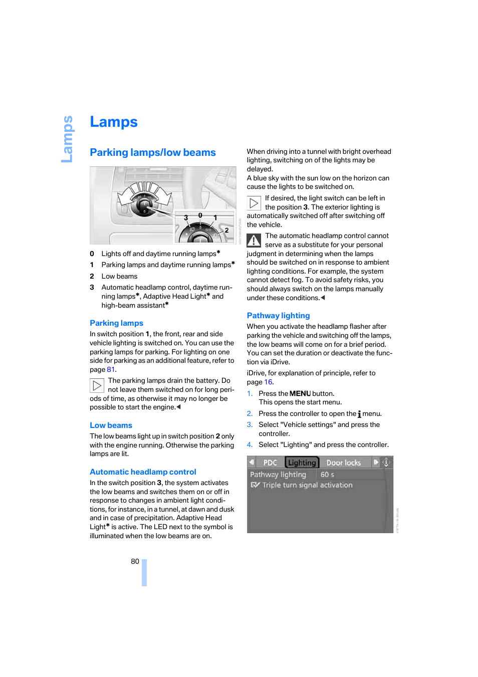 Lamps, Parking lamps/low beams, La mp s | BMW M6 Coupe 2006 User Manual | Page 82 / 227