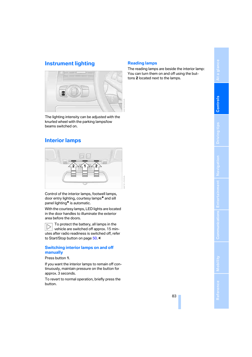 Instrument lighting, Interior lamps | BMW M6 Coupe 2006 User Manual | Page 85 / 227