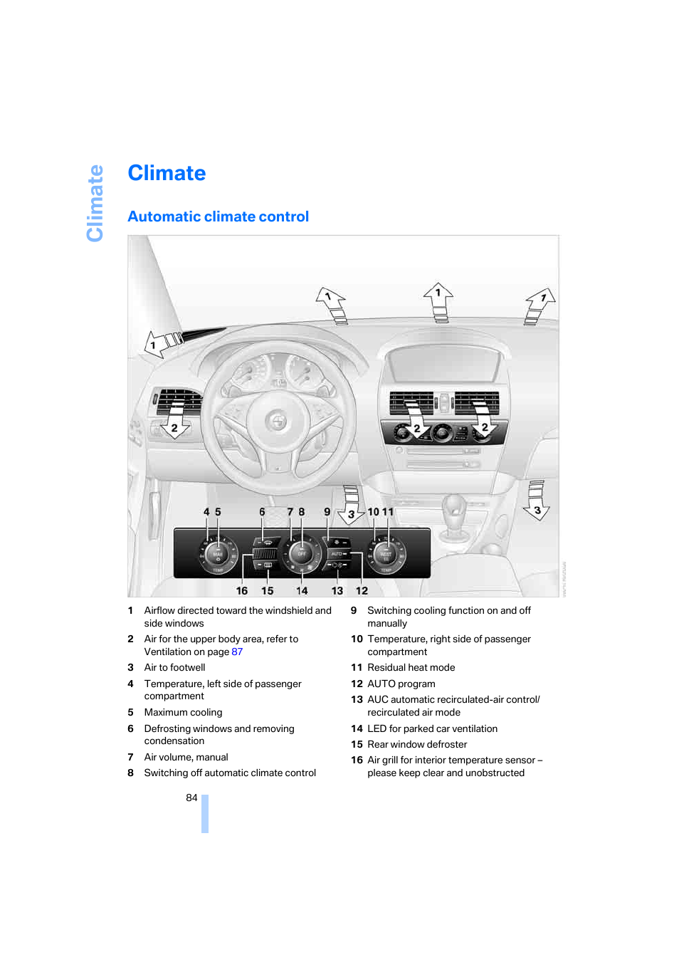 Climate, Automatic climate control | BMW M6 Coupe 2006 User Manual | Page 86 / 227
