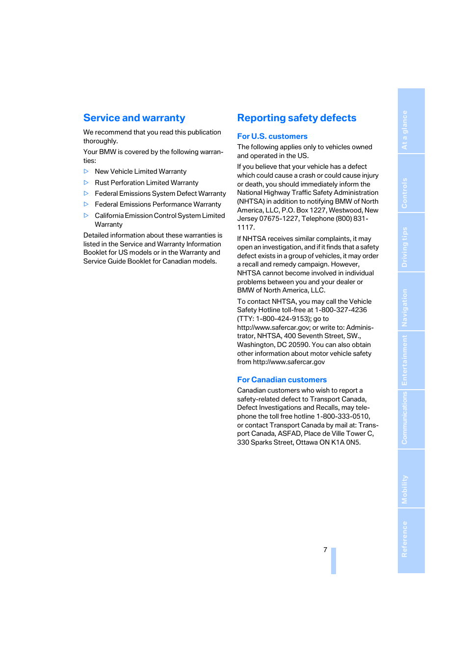 Service and warranty, Reporting safety defects | BMW M6 Coupe 2006 User Manual | Page 9 / 227