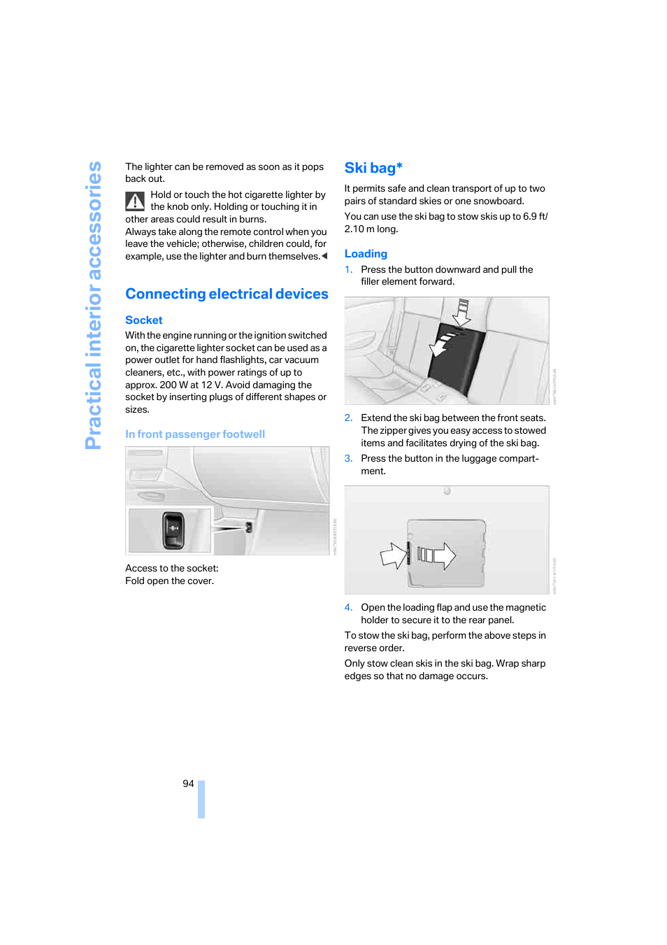 Connecting electrical devices, Ski bag, Practical interi or acc ess orie s | BMW M6 Coupe 2006 User Manual | Page 96 / 227