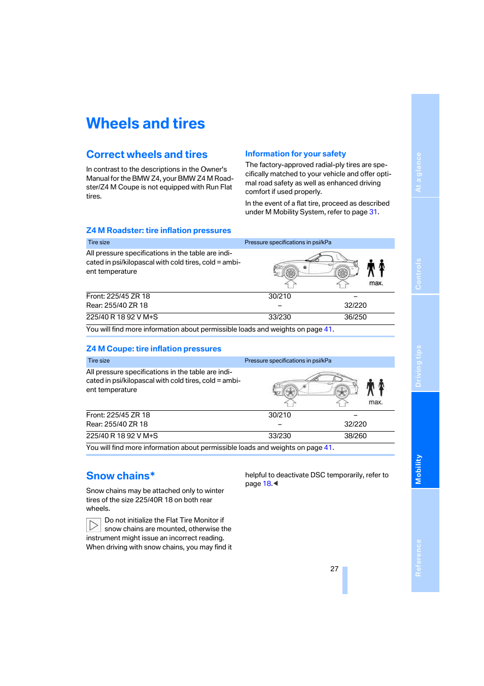 Wheels and tires, Correct wheels and tires, Snow chains | BMW Z4 M Coupe 2006 User Manual | Page 29 / 48