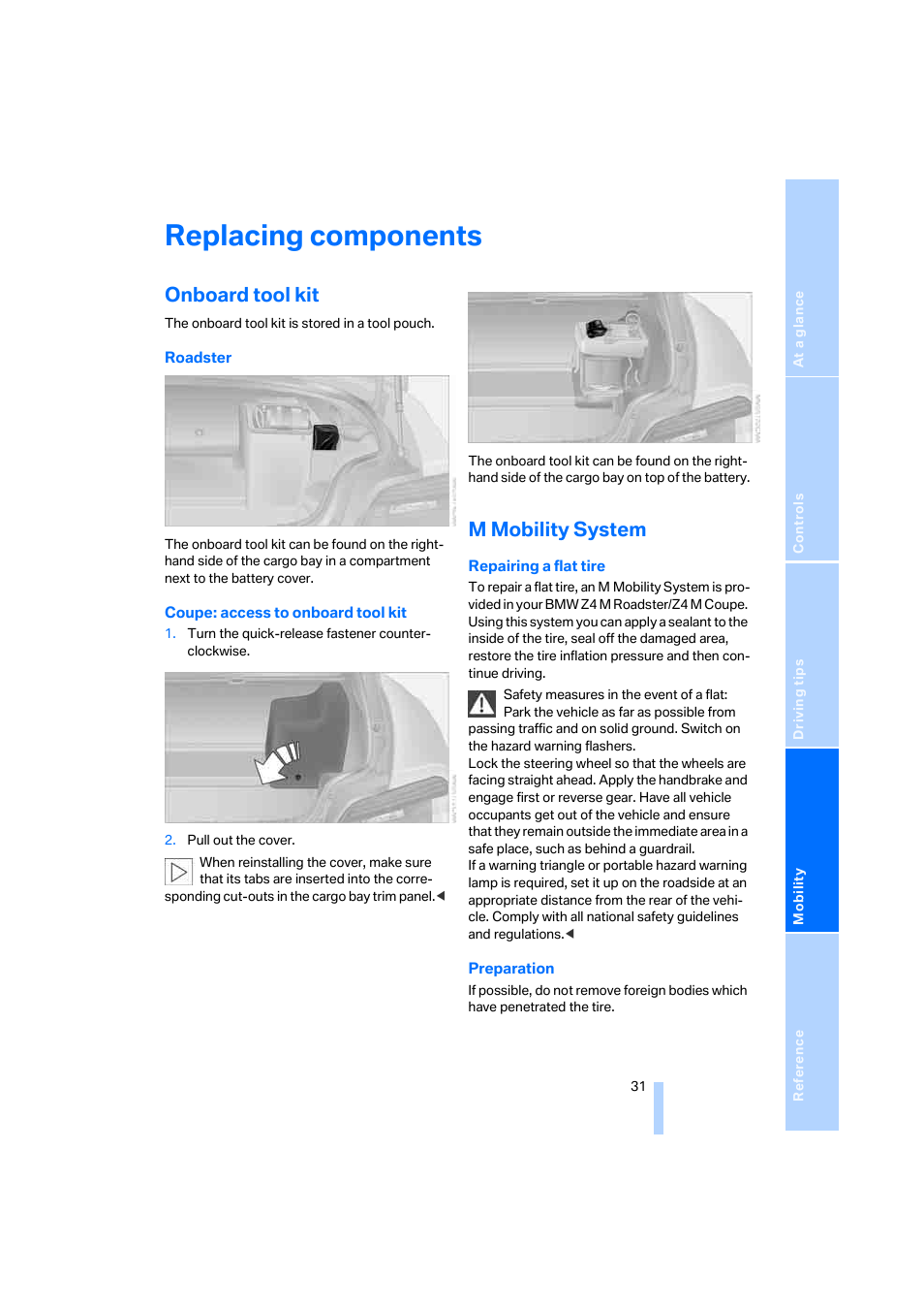 Replacing components, Onboard tool kit, M mobility system | BMW Z4 M Coupe 2006 User Manual | Page 33 / 48