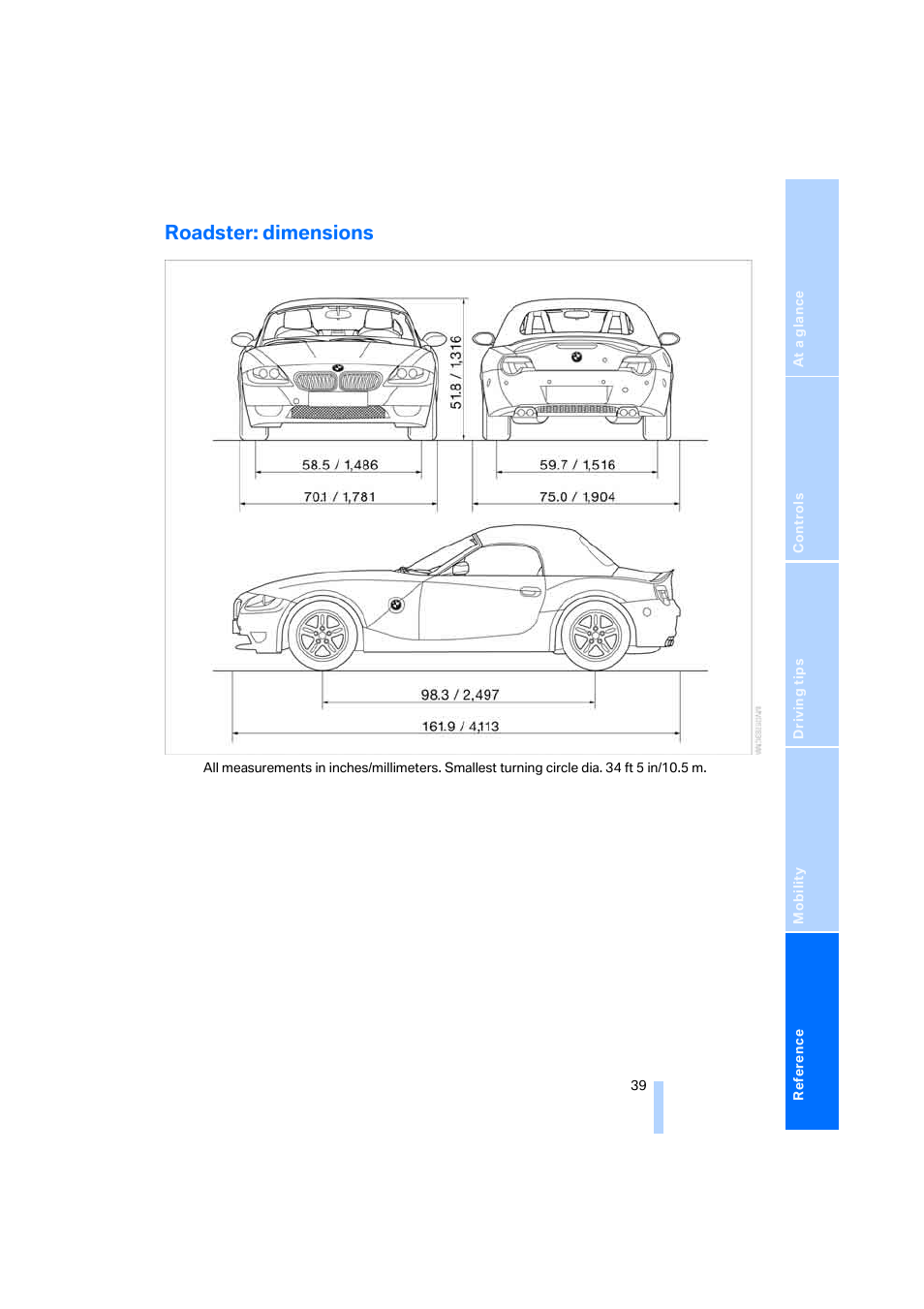 Roadster: dimensions | BMW Z4 M Coupe 2006 User Manual | Page 41 / 48