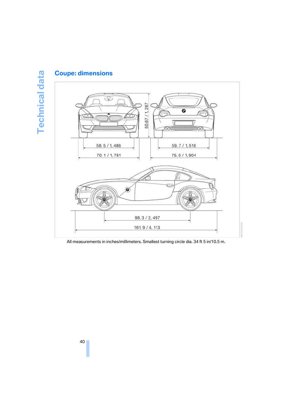 Coupe: dimensions, Technical data | BMW Z4 M Coupe 2006 User Manual | Page 42 / 48