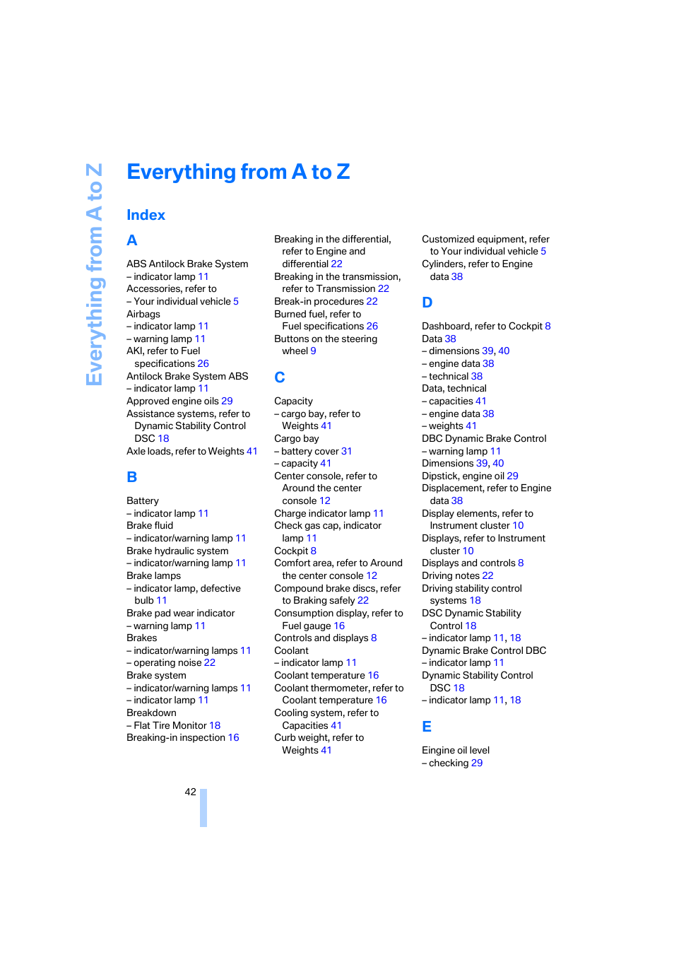 Everything from a to z, Index, Index a | BMW Z4 M Coupe 2006 User Manual | Page 44 / 48