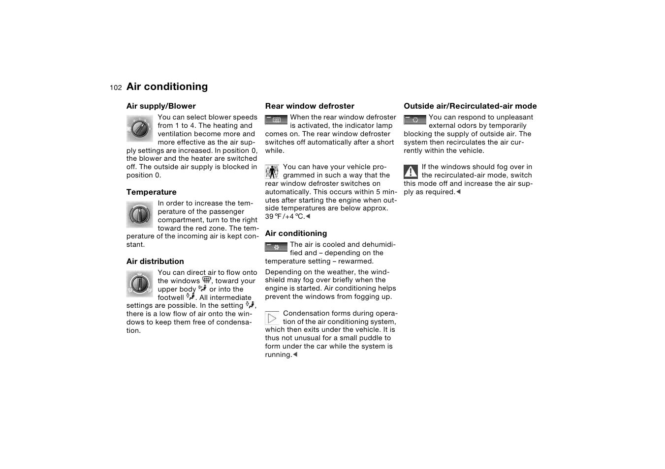 Rear window defroster, Temperature, Mode | Air conditioning | BMW 325Ci Coupe 2005 User Manual | Page 102 / 190