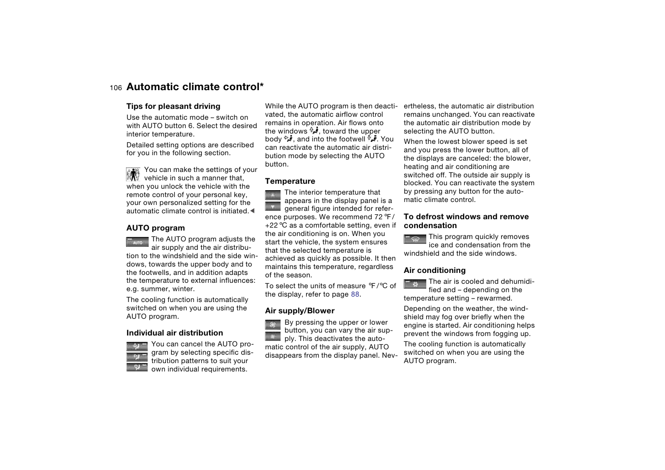 Supply, Individual air distribution, Condensation | Automatic climate control | BMW 325Ci Coupe 2005 User Manual | Page 106 / 190