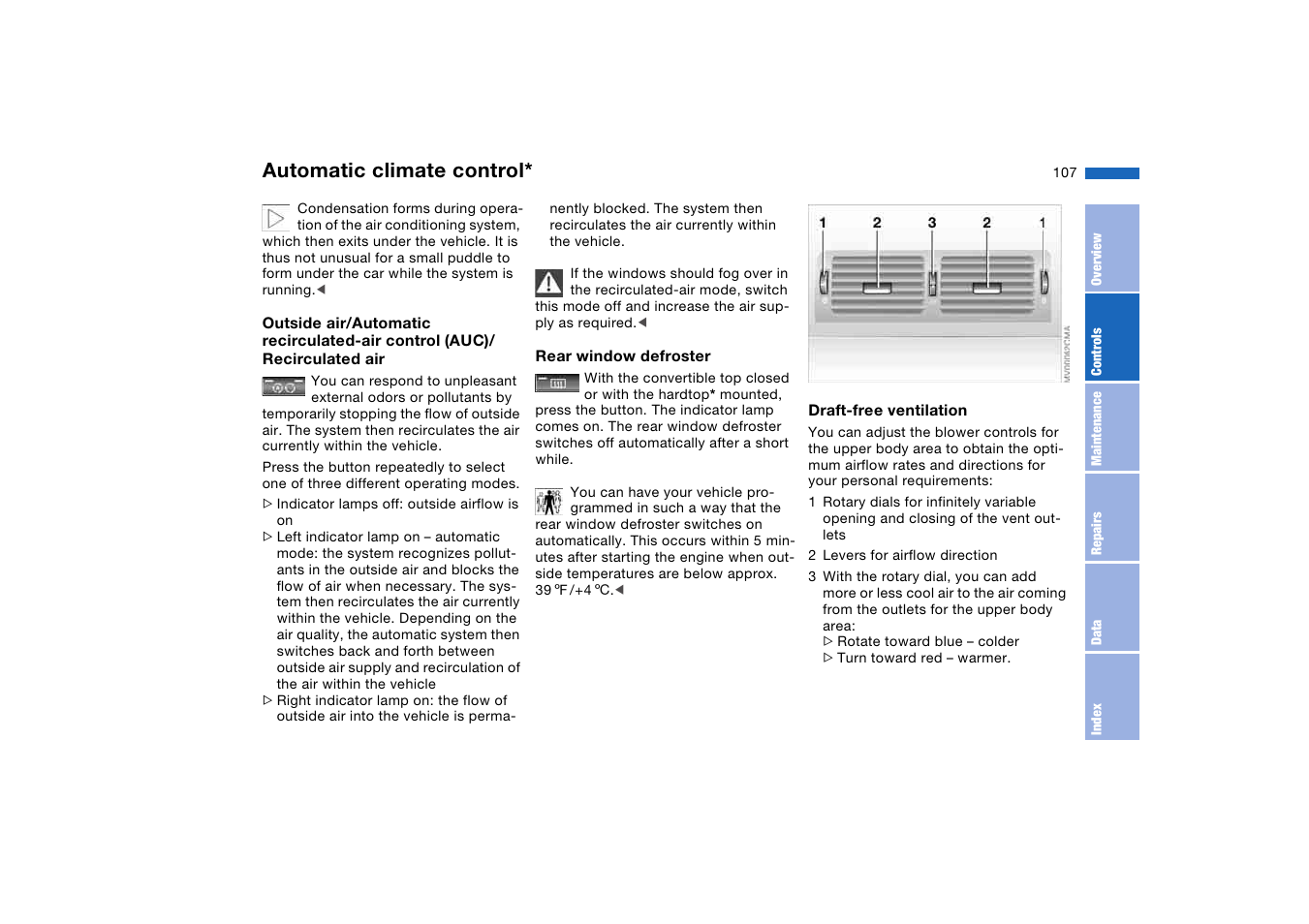 Air for the upper body area, Rear window defroster, Automatic climate control | BMW 325Ci Coupe 2005 User Manual | Page 107 / 190