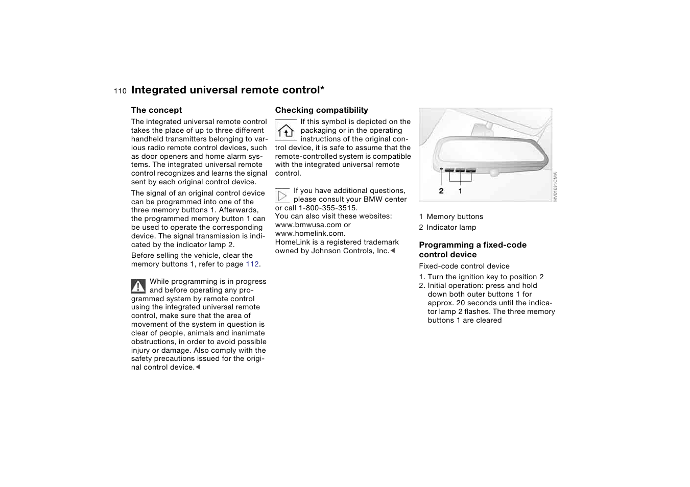 Integrated universal remote control, Integrated universal remote, Control | BMW 325Ci Coupe 2005 User Manual | Page 110 / 190