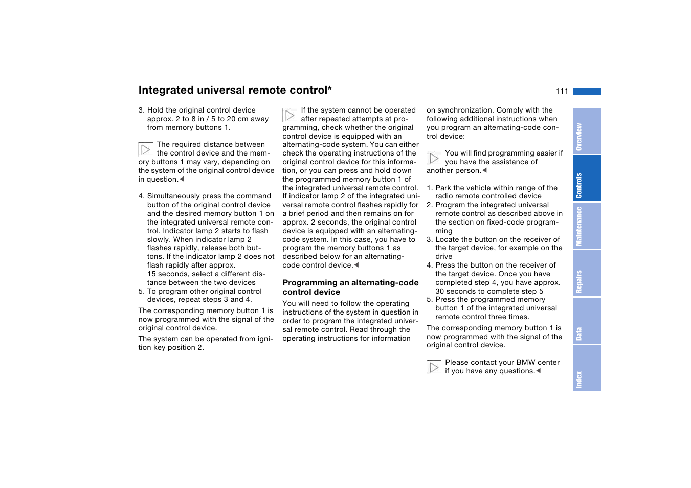 Integrated universal remote control | BMW 325Ci Coupe 2005 User Manual | Page 111 / 190