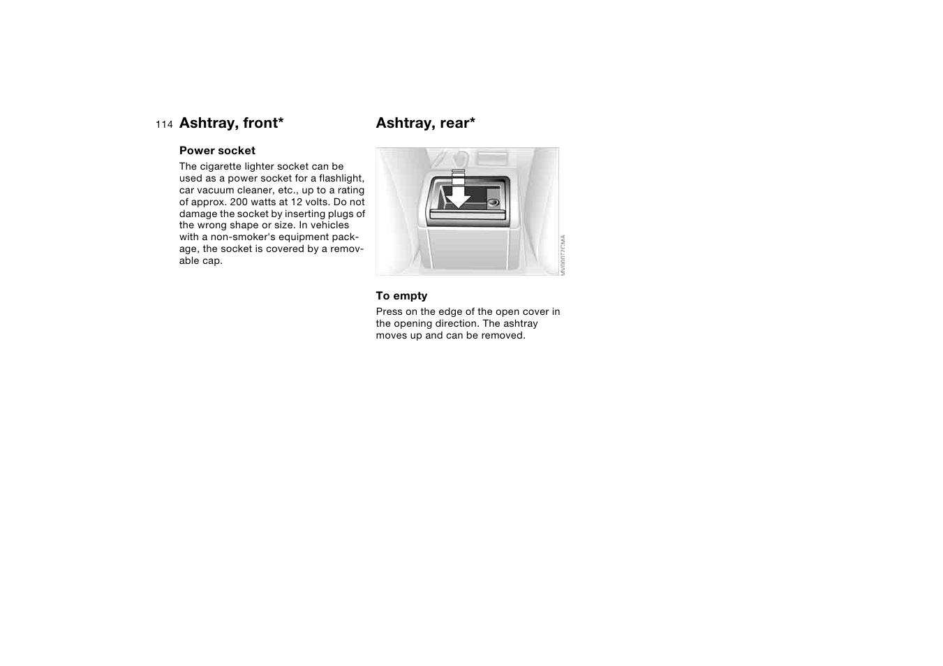 Ashtray, rear, Ashtray, front | BMW 325Ci Coupe 2005 User Manual | Page 114 / 190