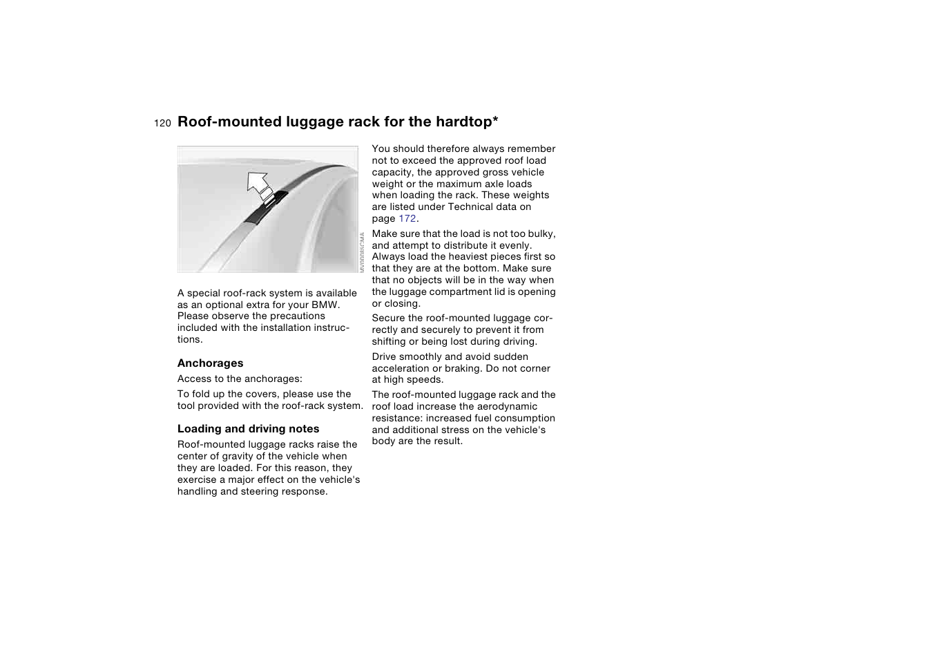 Roof-mounted luggage rack for the hardtop, Roof-mounted luggage rack for, The hardtop | BMW 325Ci Coupe 2005 User Manual | Page 120 / 190