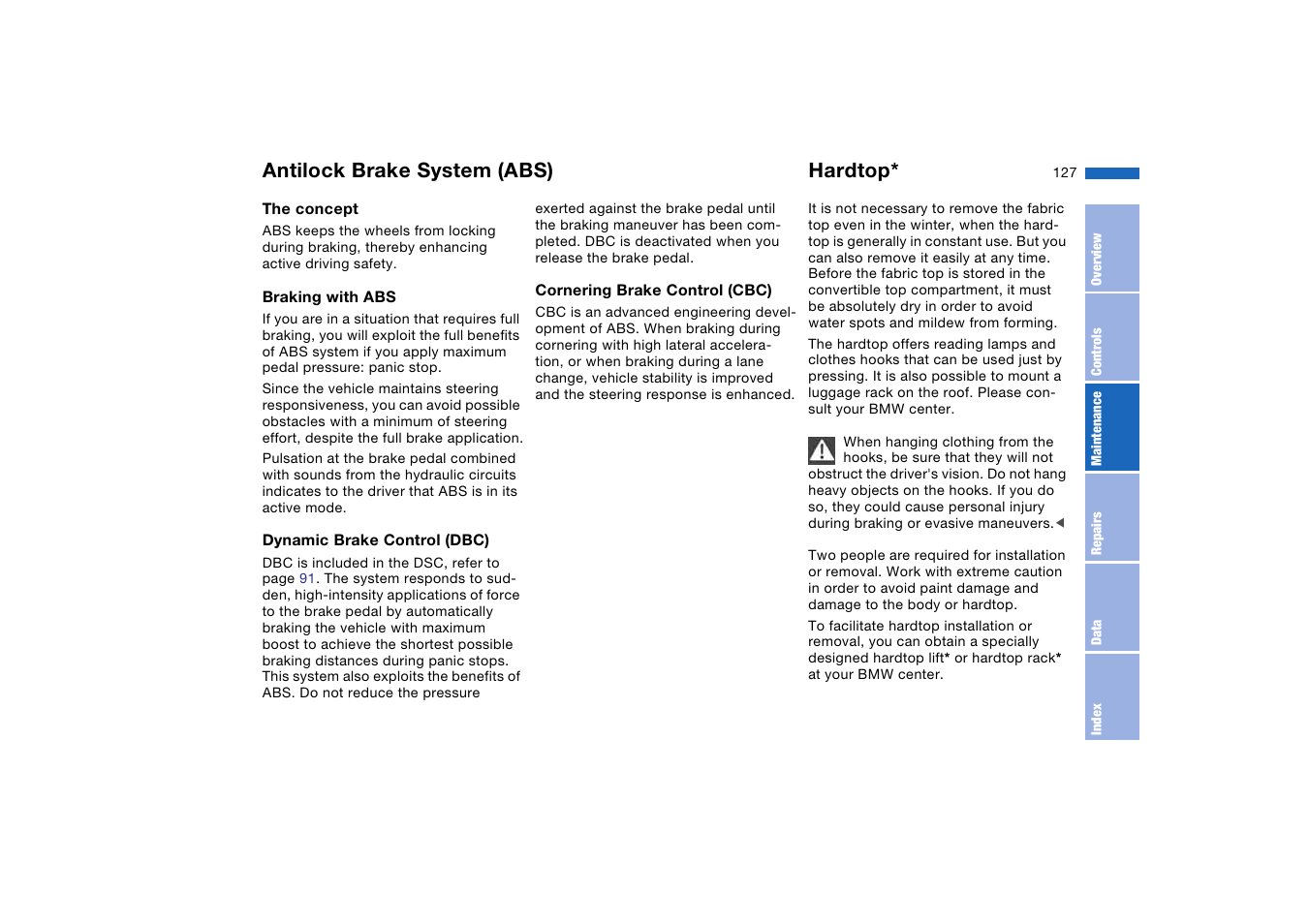 Antilock brake system (abs), Hardtop, Antilock brake system | Abs) | BMW 325Ci Coupe 2005 User Manual | Page 127 / 190