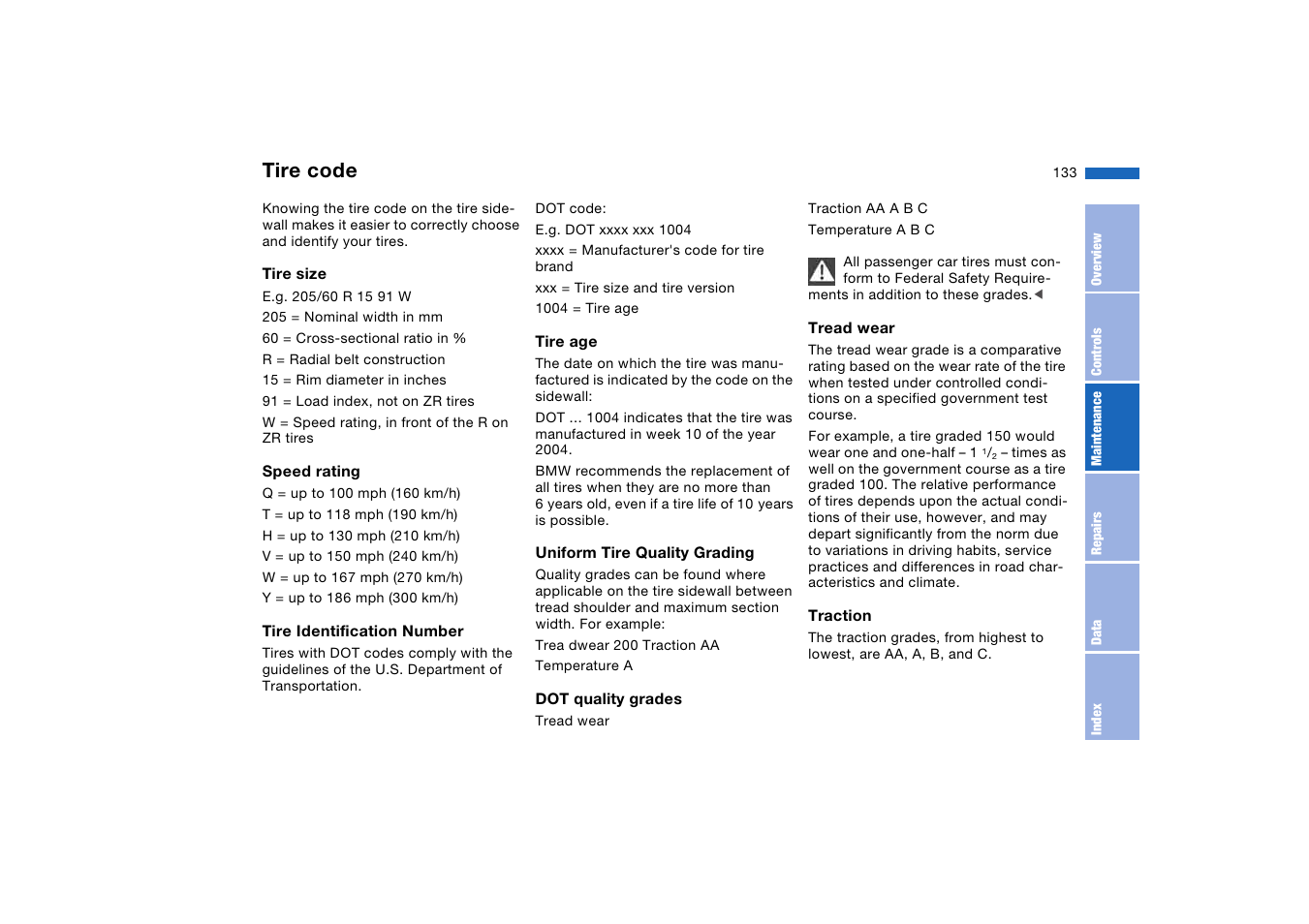 Tire code | BMW 325Ci Coupe 2005 User Manual | Page 133 / 190