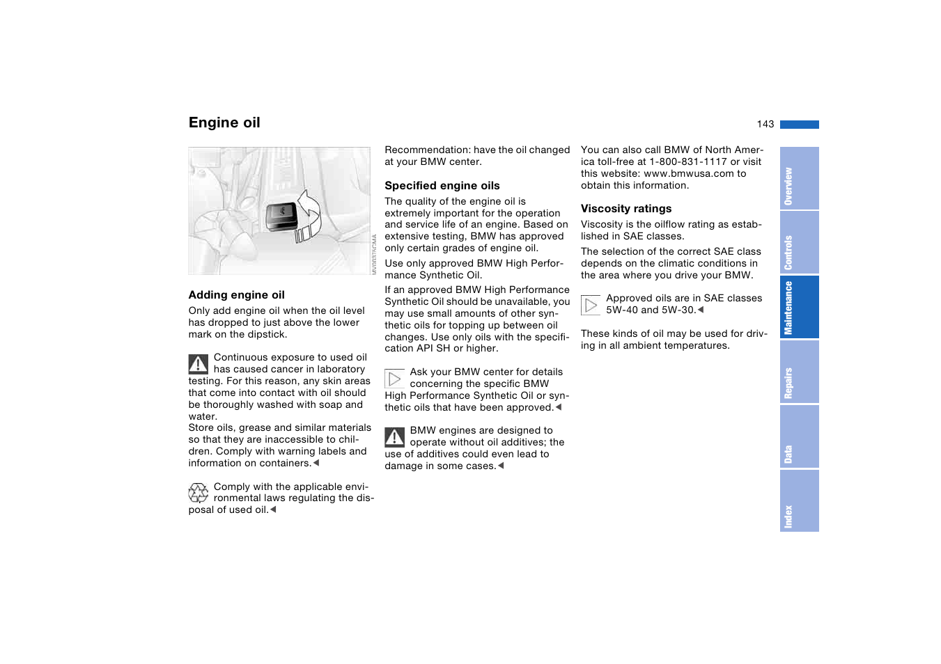 Engine oil filler neck, Engine oil | BMW 325Ci Coupe 2005 User Manual | Page 143 / 190