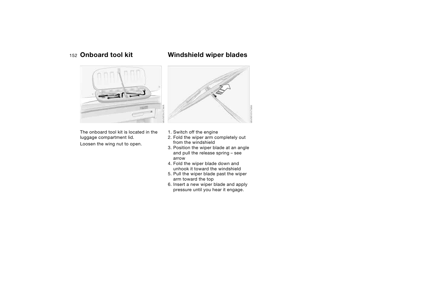 Replacement procedures, Onboard tool kit, Windshield wiper blades | BMW 325Ci Coupe 2005 User Manual | Page 152 / 190