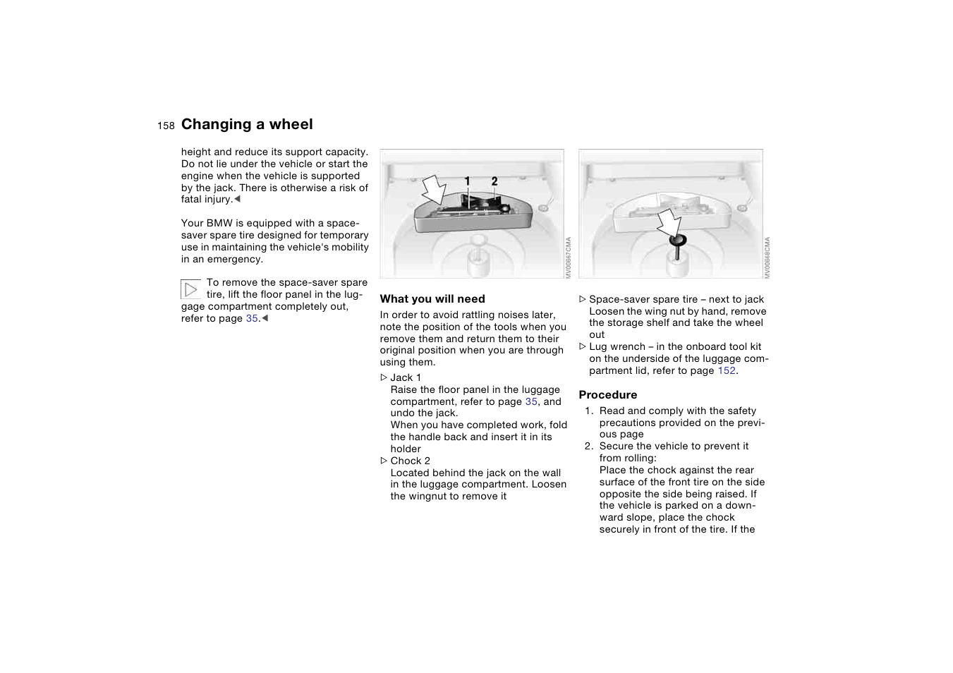 Changing a wheel | BMW 325Ci Coupe 2005 User Manual | Page 158 / 190