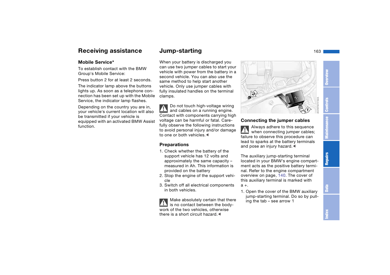 Jump-starting, Mobile service, Receiving assistance | BMW 325Ci Coupe 2005 User Manual | Page 163 / 190