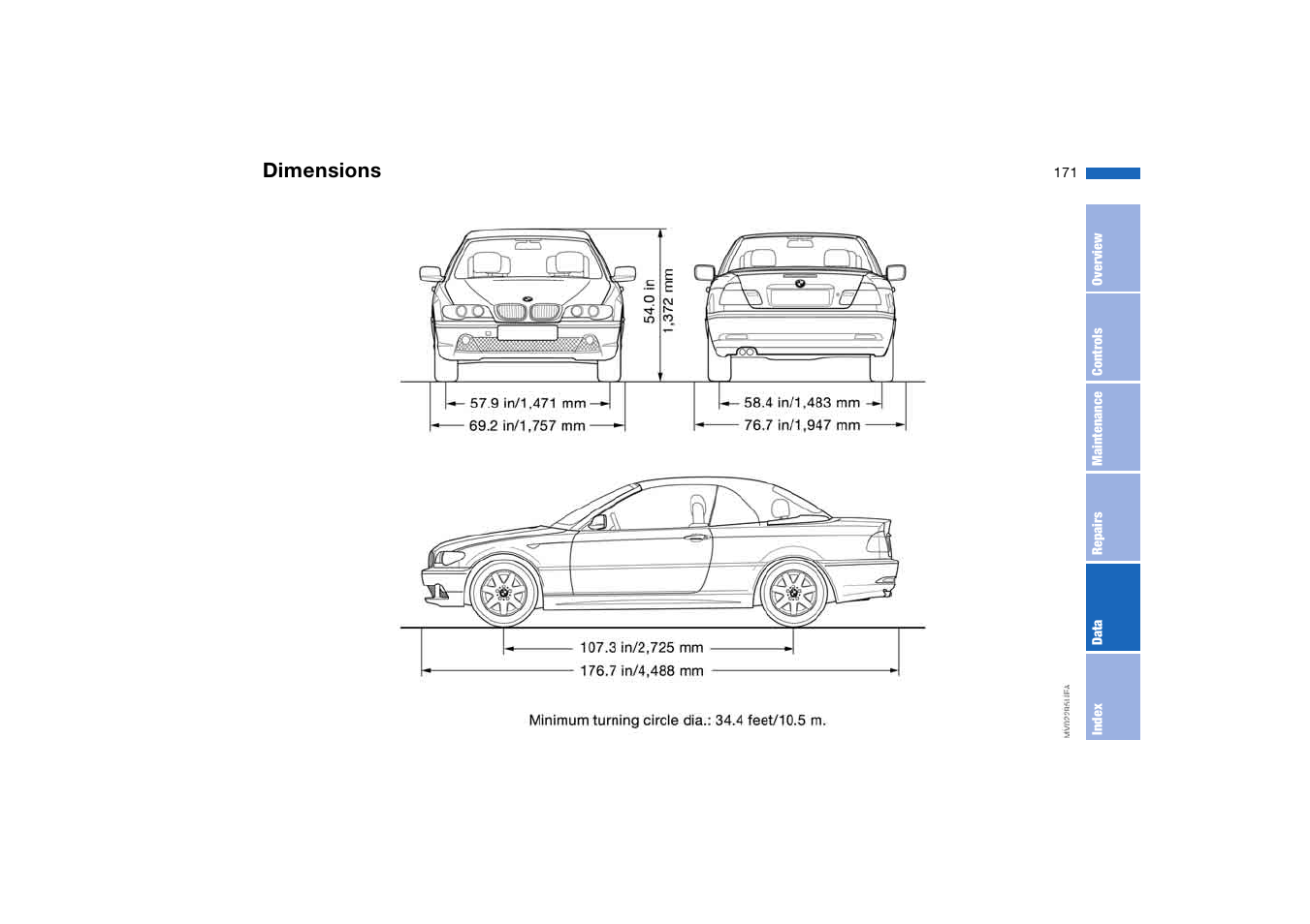 Dimensions | BMW 325Ci Coupe 2005 User Manual | Page 171 / 190