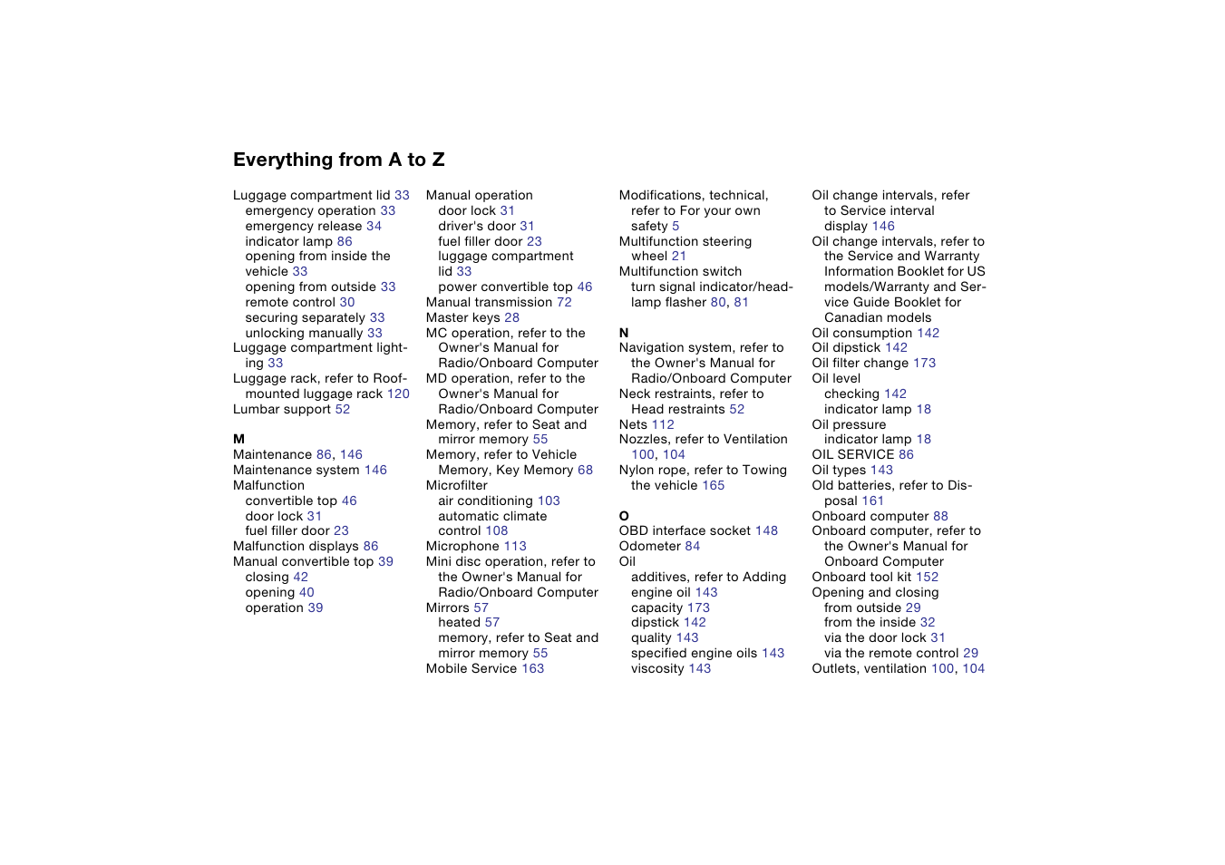 Everything from a to z | BMW 325Ci Coupe 2005 User Manual | Page 182 / 190