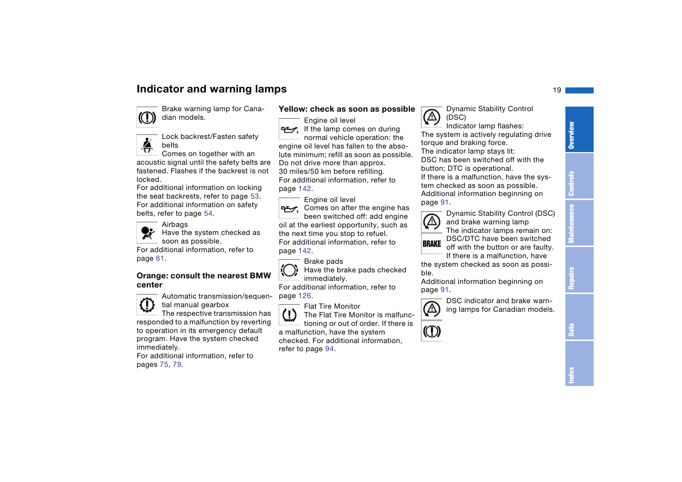 Indicator and warning lamps | BMW 325Ci Coupe 2005 User Manual | Page 19 / 190