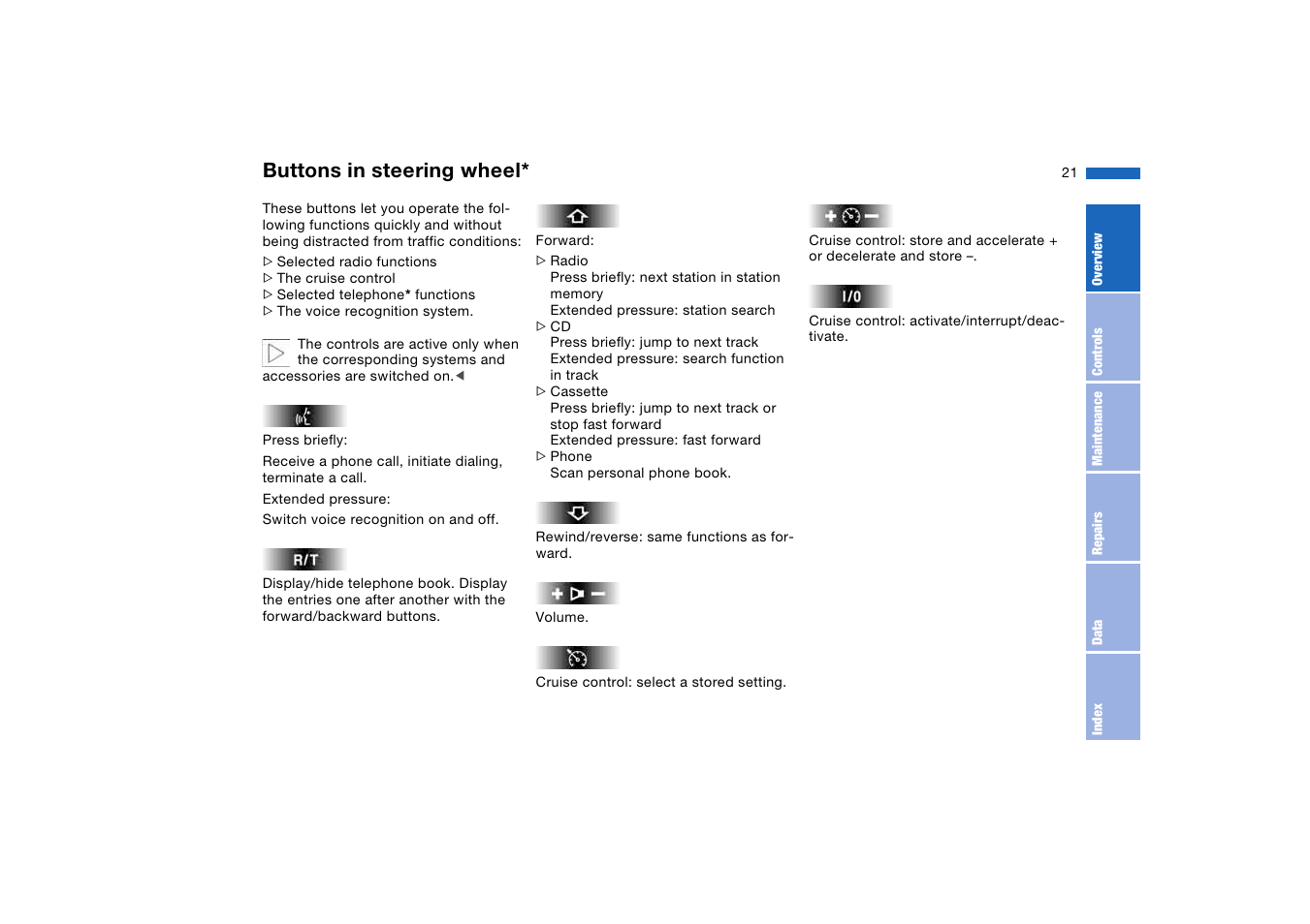 Buttons in steering wheel | BMW 325Ci Coupe 2005 User Manual | Page 21 / 190