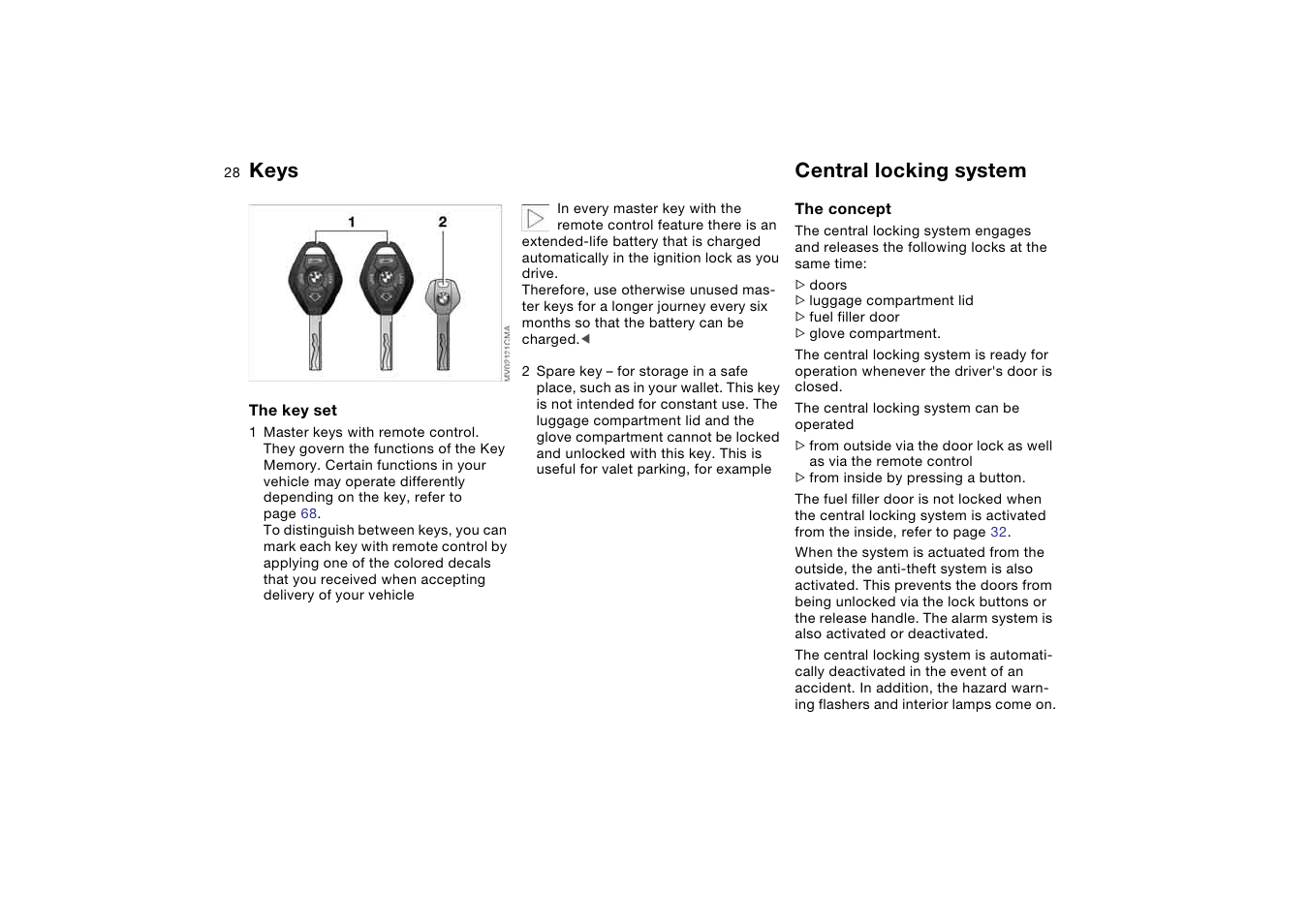 Opening and closing, Keys, Central locking system | BMW 325Ci Coupe 2005 User Manual | Page 28 / 190