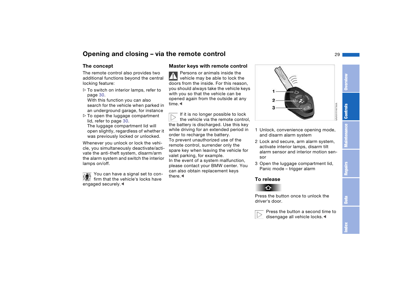 Opening and closing – via the remote control, Opening and closing – via the, Remote control | BMW 325Ci Coupe 2005 User Manual | Page 29 / 190