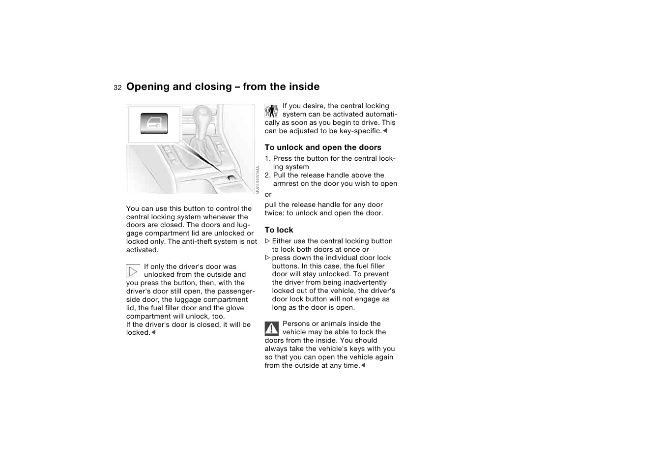 Opening and closing – from the inside, Opening and closing – from the, Inside | BMW 325Ci Coupe 2005 User Manual | Page 32 / 190