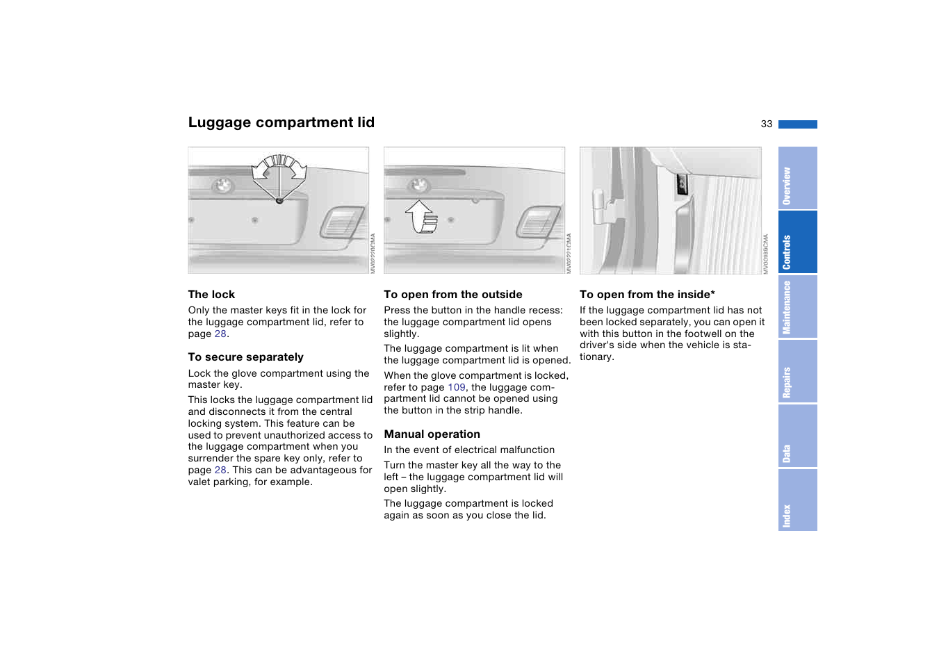 Luggage compartment lid | BMW 325Ci Coupe 2005 User Manual | Page 33 / 190