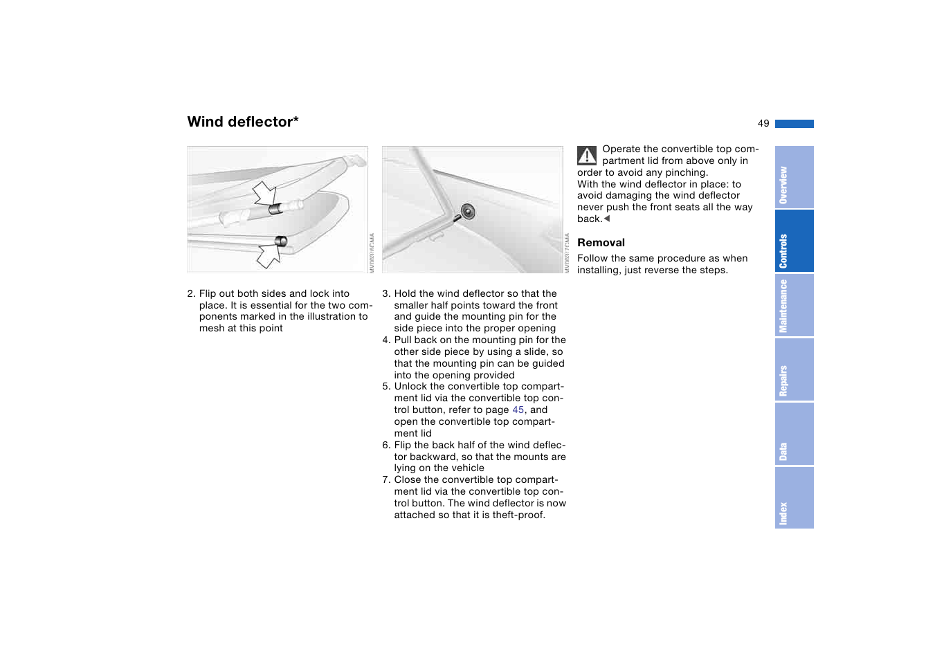 Wind deflector | BMW 325Ci Coupe 2005 User Manual | Page 49 / 190