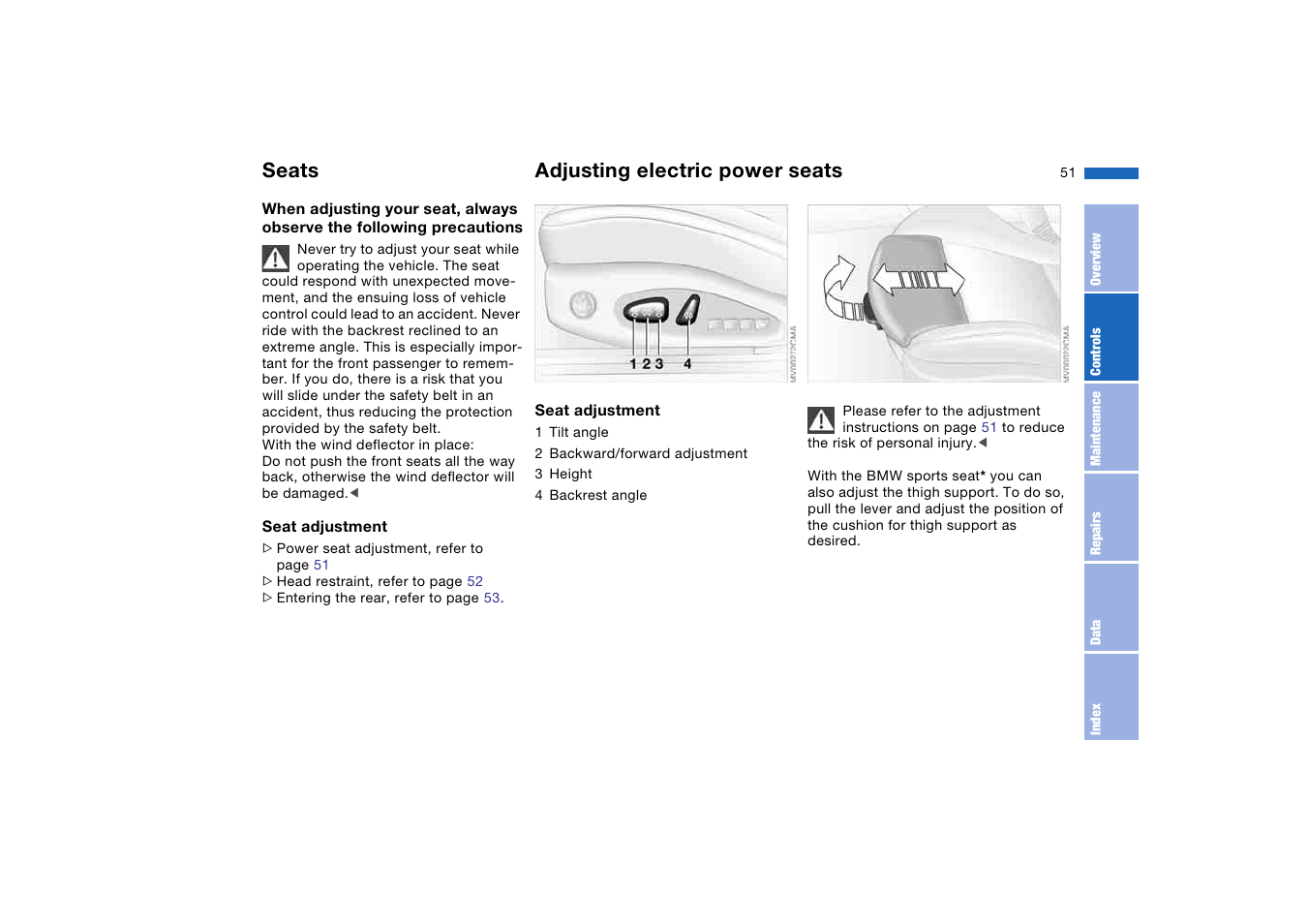 Seats, Adjusting electric power seats, Adjusting electric power | BMW 325Ci Coupe 2005 User Manual | Page 51 / 190