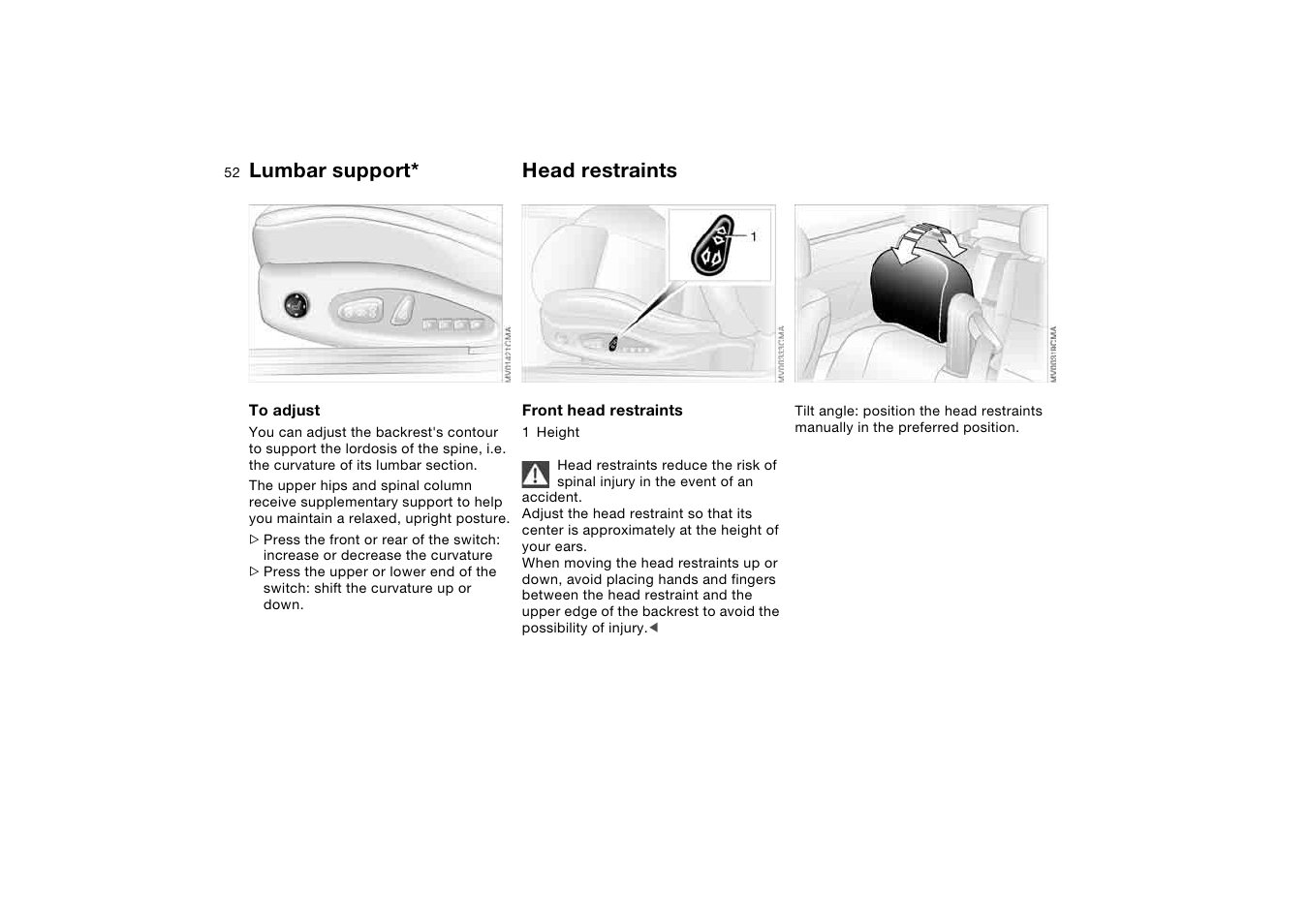 Lumbar support, Head restraints | BMW 325Ci Coupe 2005 User Manual | Page 52 / 190