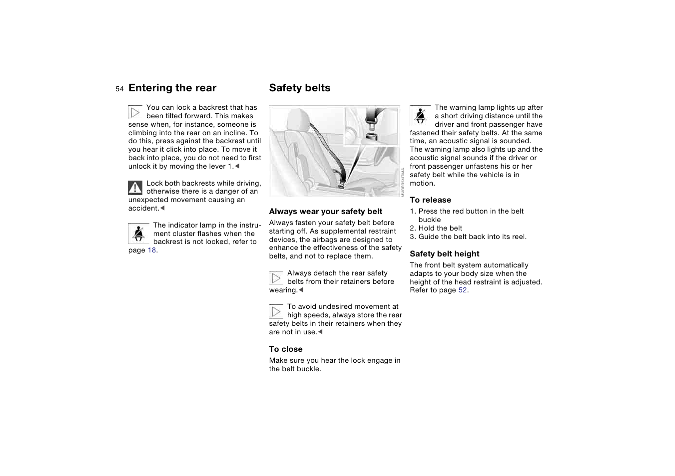 Safety belts, Entering the rear | BMW 325Ci Coupe 2005 User Manual | Page 54 / 190