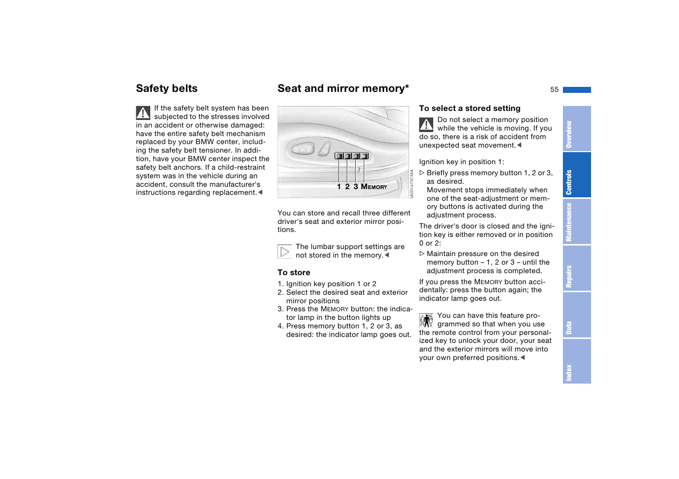 Seat and mirror memory, Safety belts | BMW 325Ci Coupe 2005 User Manual | Page 55 / 190