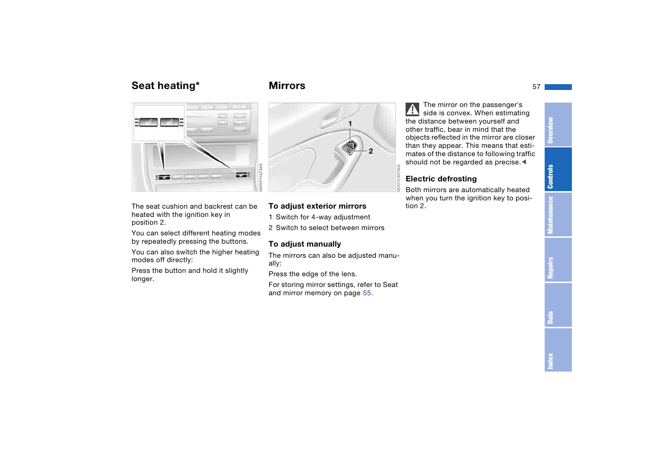 Seat heating, Mirrors | BMW 325Ci Coupe 2005 User Manual | Page 57 / 190