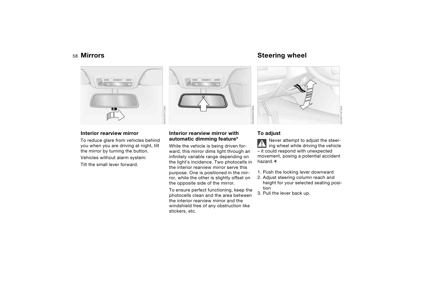 Steering wheel, Mirrors | BMW 325Ci Coupe 2005 User Manual | Page 58 / 190