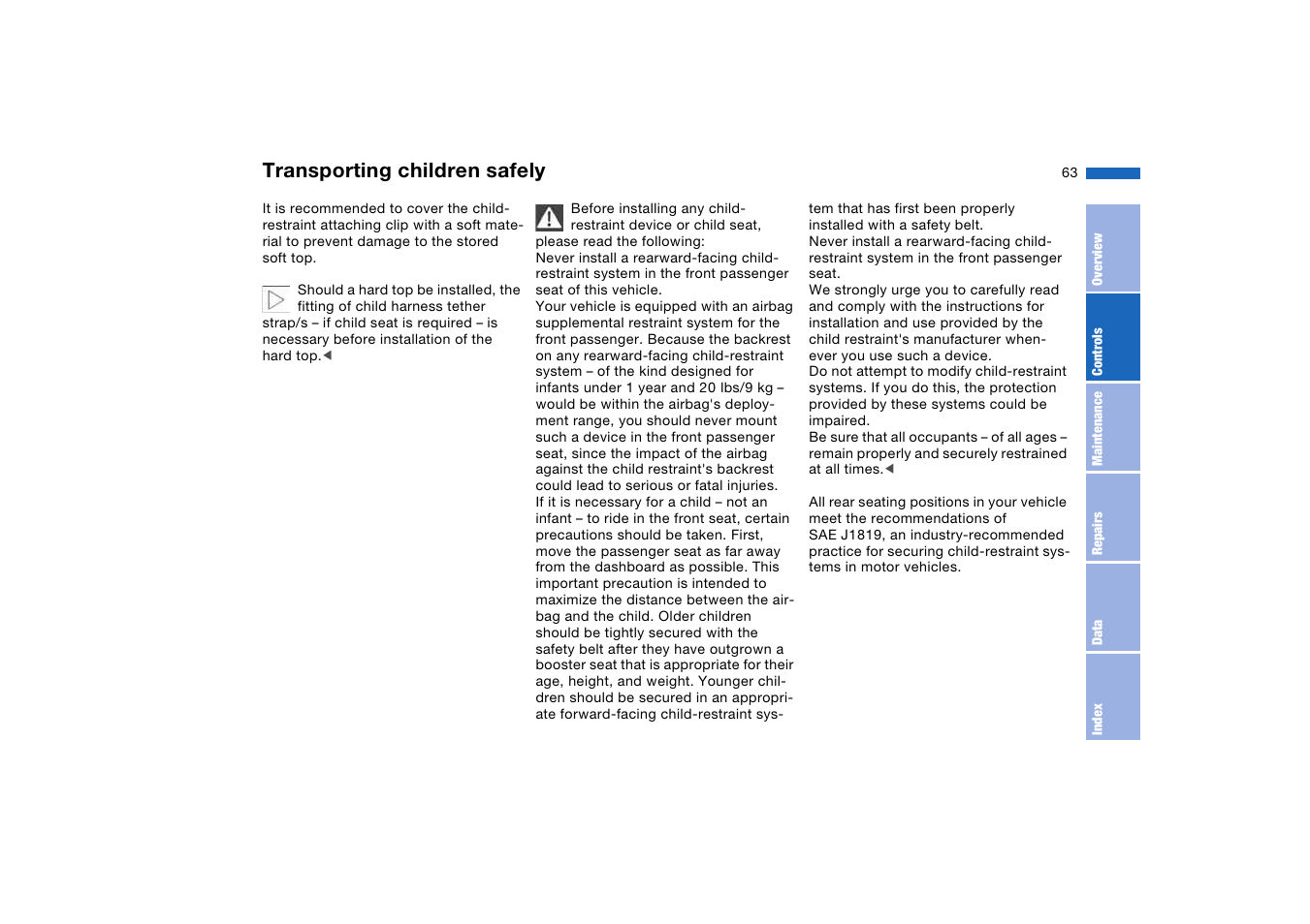 Transporting children safely | BMW 325Ci Coupe 2005 User Manual | Page 63 / 190