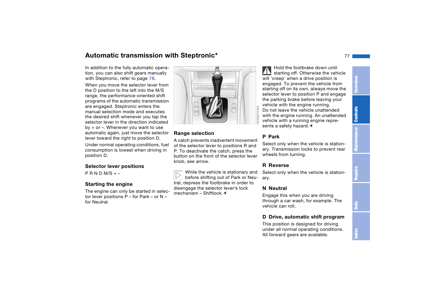 Automatic transmission with steptronic, Automatic transmission with, Steptronic | BMW 325Ci Coupe 2005 User Manual | Page 77 / 190