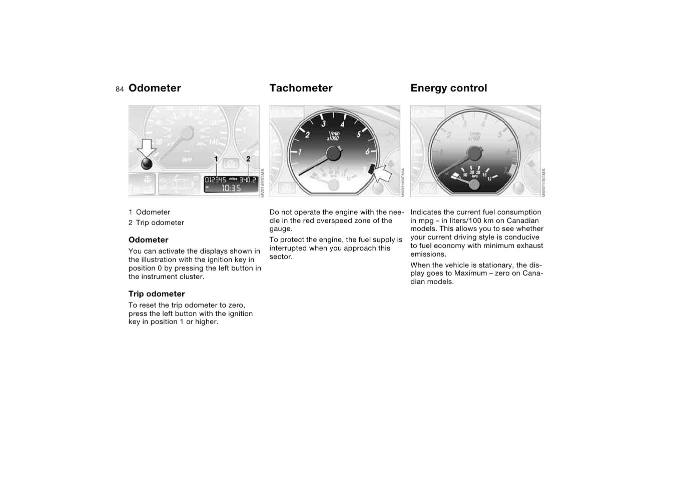 Everything under control, Odometer, Tachometer | Energy control, Trip odometer/odometer | BMW 325Ci Coupe 2005 User Manual | Page 84 / 190