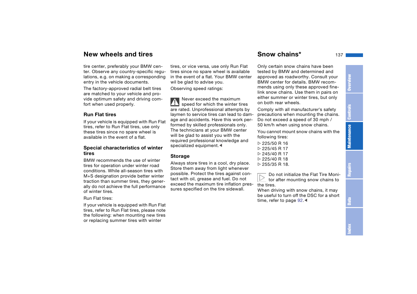 Snow chains, New wheels and tires | BMW 330Ci Convertible 2005 User Manual | Page 137 / 190