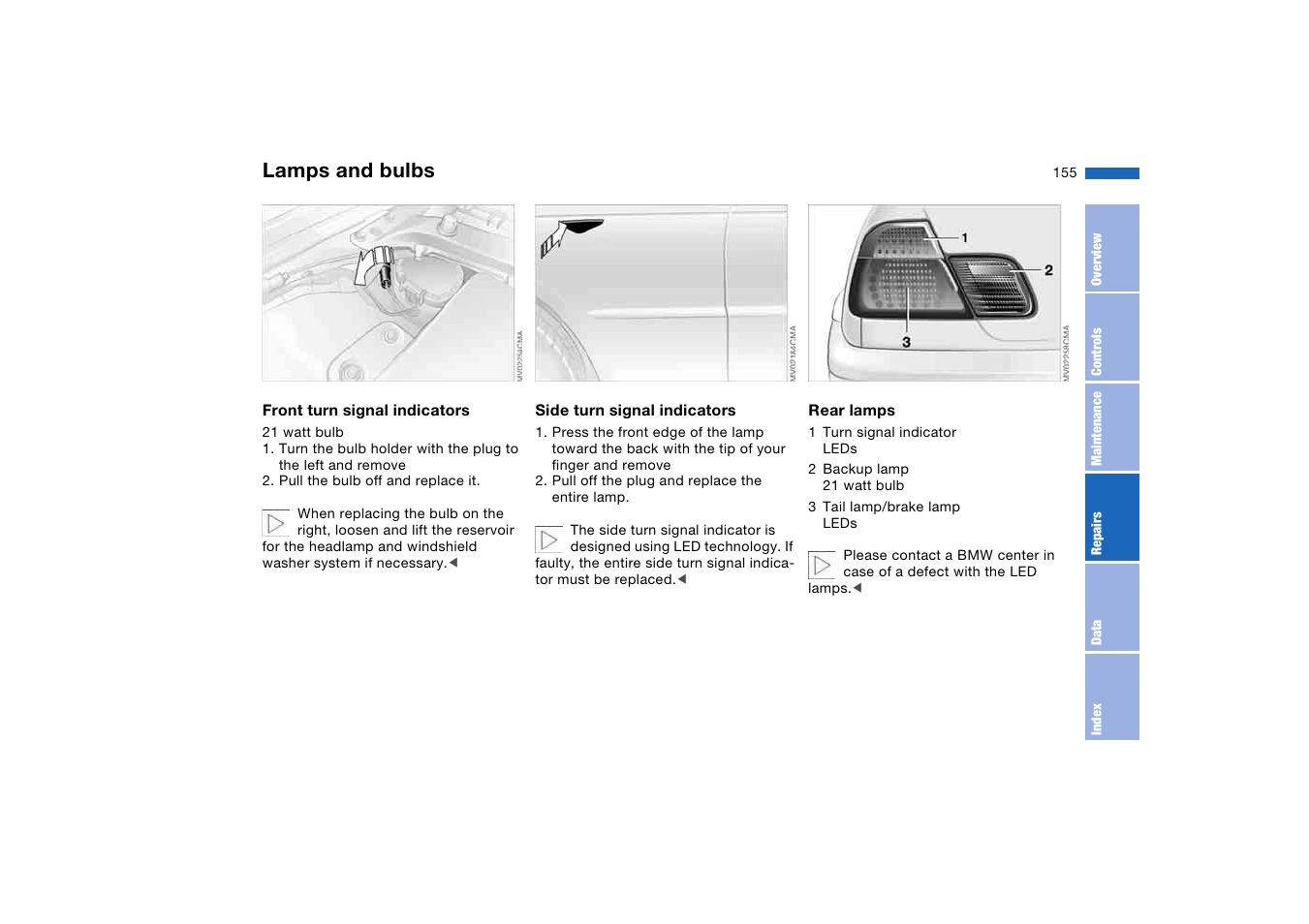 Lamps and bulbs | BMW 330Ci Convertible 2005 User Manual | Page 155 / 190